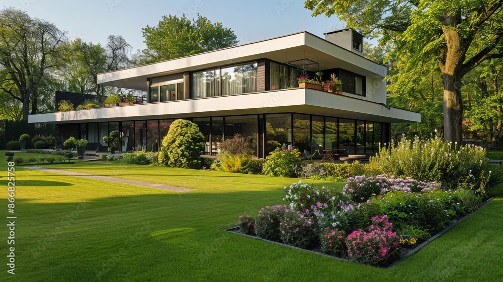 Modern architecture house in a lush garden setting. Design shows sleek style with big windows and straight lines. Ideal for real estate, lifestyle, architecture, and landscaping projects. AI Modern architecture house in a lush garden setting. Design shows sleek style with big windows and straight lines. Ideal for real estate, lifestyle, architecture, and landscaping projects. AI