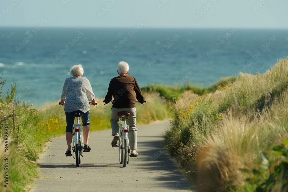Fototapeta premium Senior couple riding bicycles along a coastal path, enjoying an active and healthy lifestyle