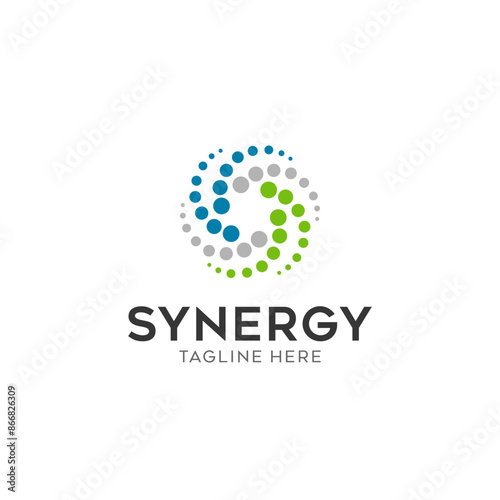Synergy logo, concept of two or more entities working together. Interlocking circles symbolize the coming together of various elements