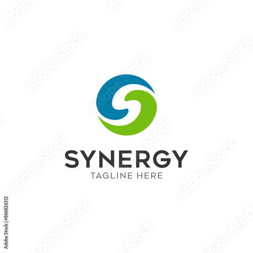 Synergy logo, concept of two or more entities working together. Interlocking circles symbolize the coming together of various elements