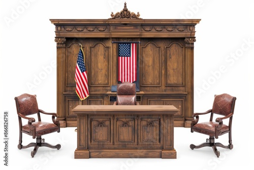 an empty courtroom featuring a table, two chairs, and American flags, symbolizing the solemnity and authority of the judicial process.