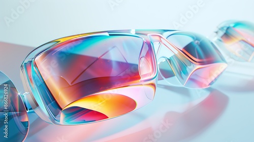 Abstract representation of virtual reality (VR) glasses and holographic projections against a clean white surface, illustrating the immersive experience of futuristic technology in vibrant