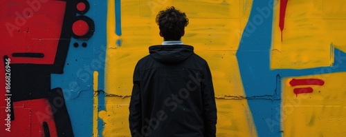 Man standing in front of a colorful graffiti wall. photo