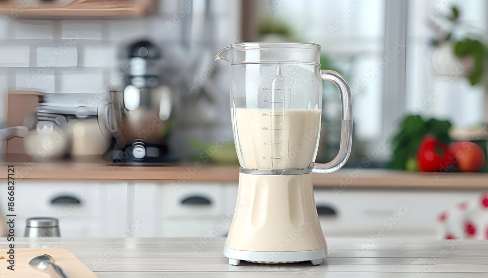 blender with milk coctail on white wooden table over kitchen background blender with milk coctail on white wooden table over kitchen background