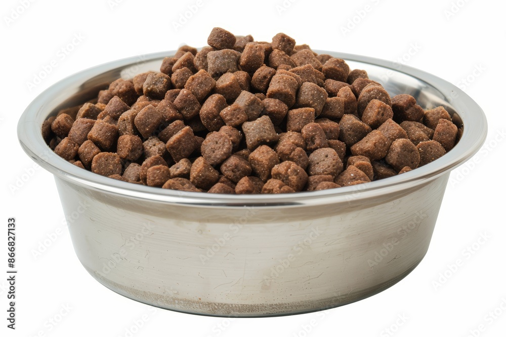 a dog bowl filled with kibble, isolated on a white background a dog bowl filled with kibble, isolated on a white background