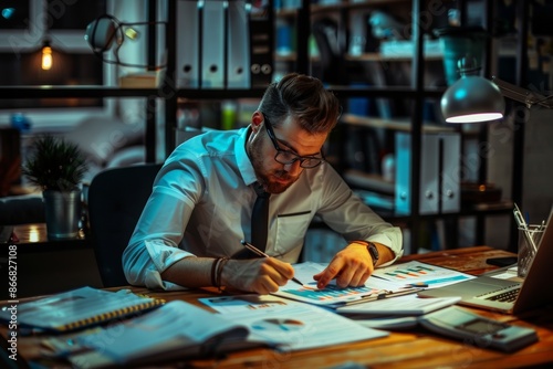 a diligent salesperson working late at their desk in a corporate office, surrounded by sales charts and paperwork