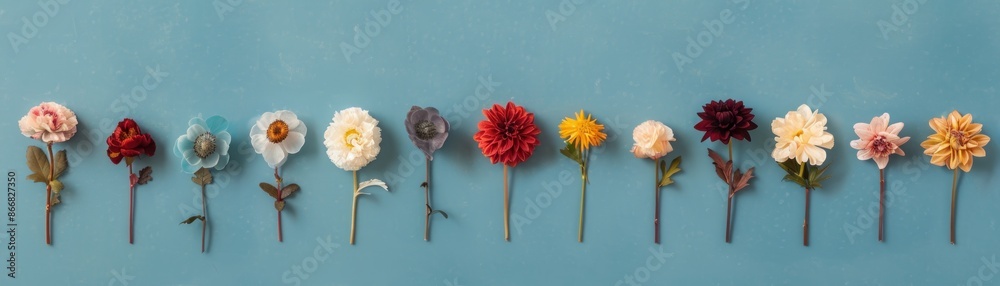 Row of colorful flowers on a blue background. Row of colorful flowers on a blue background.