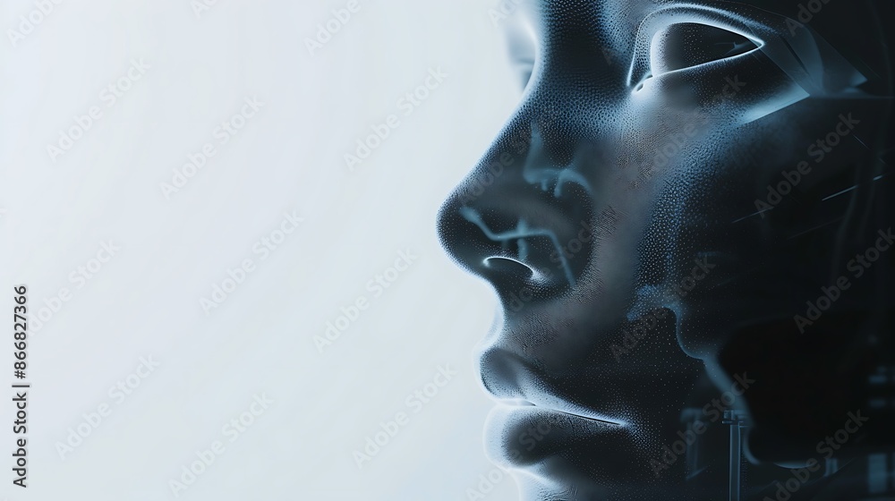 Abstract representation of biometric security and facial recognition technology against a clean white background, symbolizing the advancements in secure authentication, captured in realistic Abstract representation of biometric security and facial recognition technology against a clean white background, symbolizing the advancements in secure authentication, captured in realistic