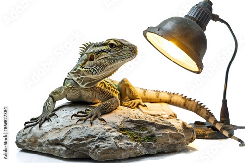 Lizard Basking under Heat Lamp in Terrarium
