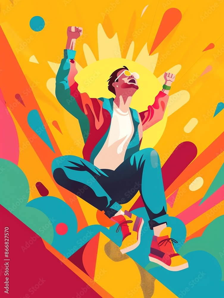 A man maintaining high motivation energy 2d vibrant color illustate A man maintaining high motivation energy 2d vibrant color illustate
