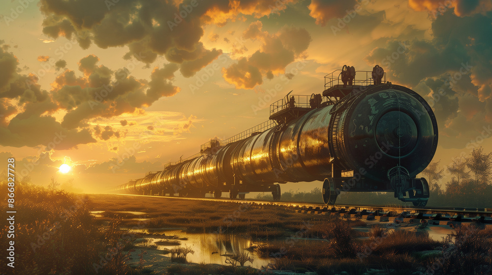 Train Tanker Cars at Sunset on Wet Railway Track Train Tanker Cars at Sunset on Wet Railway Track