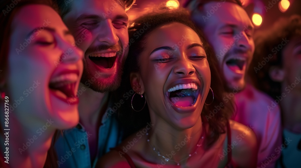 A group of friends enjoying a karaoke night, their faces filled with laughter and excitement, A group of friends enjoying a karaoke night, their faces filled with laughter and excitement,