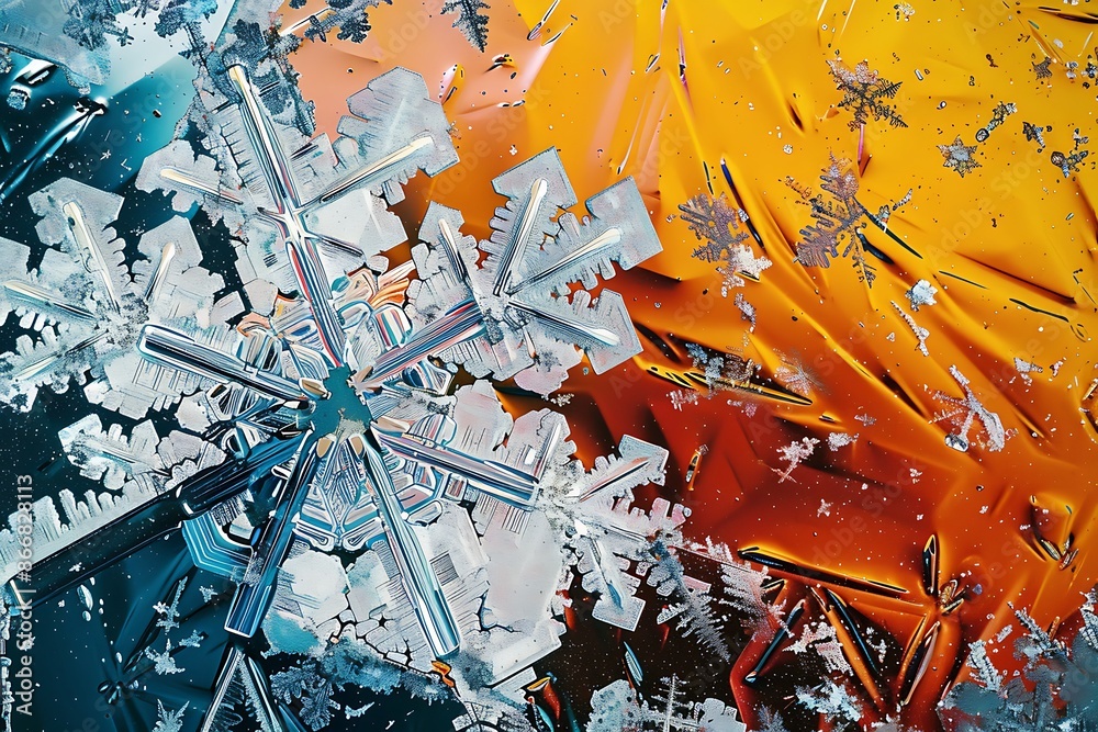 A color-blocked abstract of a snowflake pattern under a microscope A color-blocked abstract of a snowflake pattern under a microscope