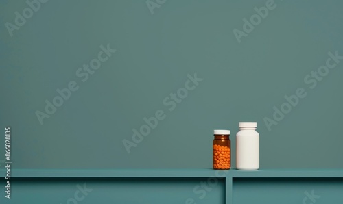 Two bottles, one brown and one white, sit on a teal shelf against a teal wall.