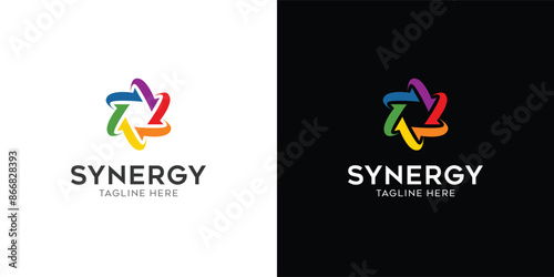 Synergy logo, concept of two or more entities working together. Interlocking circles symbolize the coming together of various elements