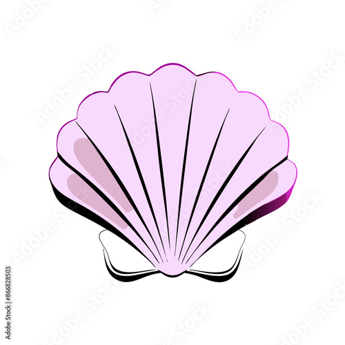 simplified vector drawing of a pink scallop seashell with ridges and a curved shape