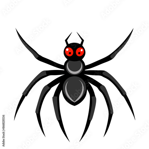 cartoon spider, glossy hourglass shaped black body, red eyes, elongated legs