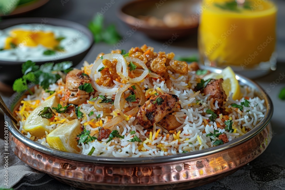 A plate of flavorful chicken biryani garnished with fried onions, fresh cilantro, and lemon wedges, served with raita and a glass of mango lassi in the background.
A plate of flavorful chicken biryani garnished with fried onions, fresh cilantro, and lemon wedges, served with raita and a glass of mango lassi in the background.