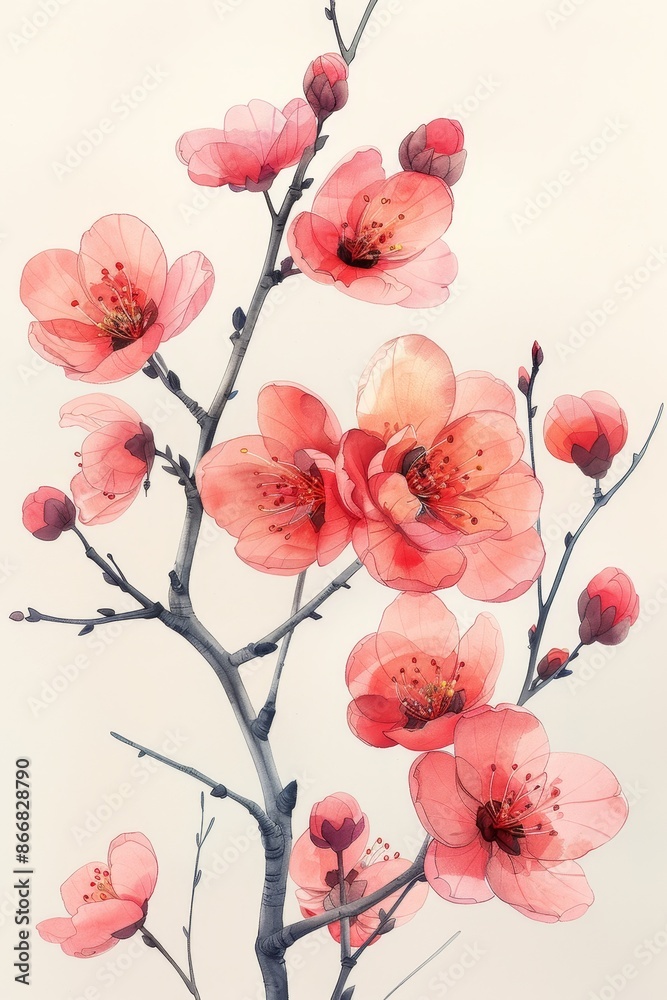 Watercolor Peach Blossom Branch Watercolor Peach Blossom Branch