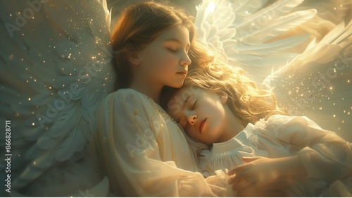 an ethereal angel tenderly embracing a young girl, with the angel's large wings wrapped around her, little girl appears to be sleeping peacefully,dreamy 