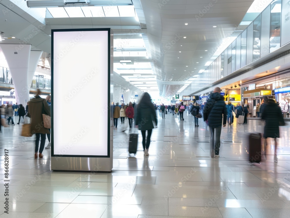 An empty vertical billboard stands in a busy airport hall with passengers walking by, implying a space for advertising content An empty vertical billboard stands in a busy airport hall with passengers walking by, implying a space for advertising content