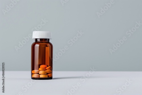 A glass bottle filled with colorful pills and capsules on a gray background.