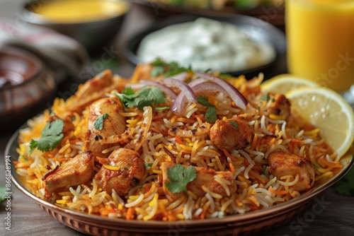 A delectable plate of chicken biryani garnished with fresh herbs, onion slices, and lemon wedges, accompanied by raita and a glass of mango lassi in the background.