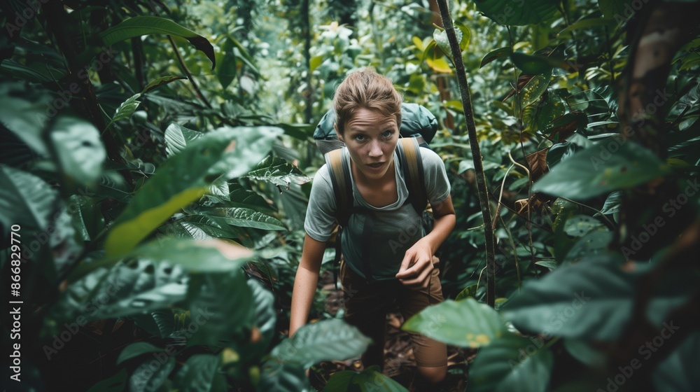 A person hiking through a dense forest, their face showing determination and adventure, A person hiking through a dense forest, their face showing determination and adventure,