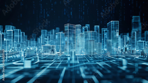 3D Rendering of visual city. Hologram of urban city area in dark mode. 