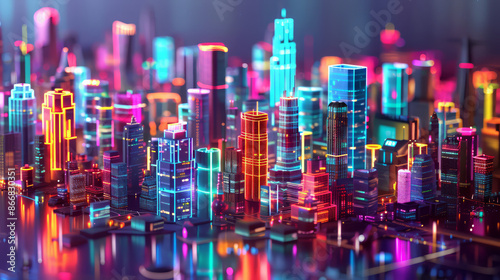 Wallpaper Mural 3D Rendering of visual city. Hologram of urban city area in dark mode.  Torontodigital.ca