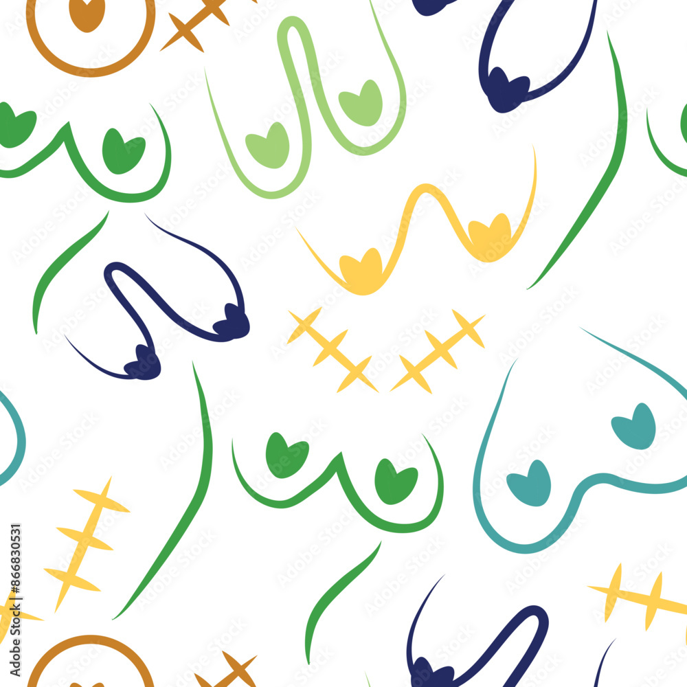 seamless pattern of a variety of female breasts, namely saggy breasts, surgery scars and puffy breasts drawn with colorful outlines, for designs, posters or banners seamless pattern of a variety of female breasts, namely saggy breasts, surgery scars and puffy breasts drawn with colorful outlines, for designs, posters or banners