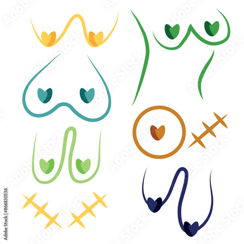 set with variety of female breasts, namely saggy breasts, surgery scars and puffy breasts drawn with colorful outlines, for designs, posters or banners