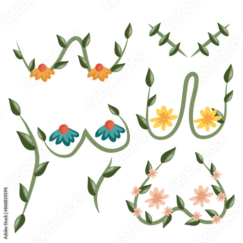 set with various female breasts decorated with green twigs and colorful flowers, for packaging, designs or pogigraphy