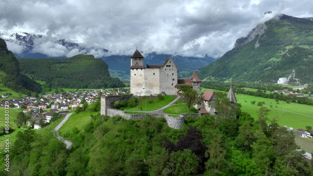 Gutenberg Castle - Medieval Burg in town of Balzers, Principality of Liechtenstein. Aerial Picturesque summer landscape Gutenberg Castle - Medieval Burg in town of Balzers, Principality of Liechtenstein. Aerial Picturesque summer landscape