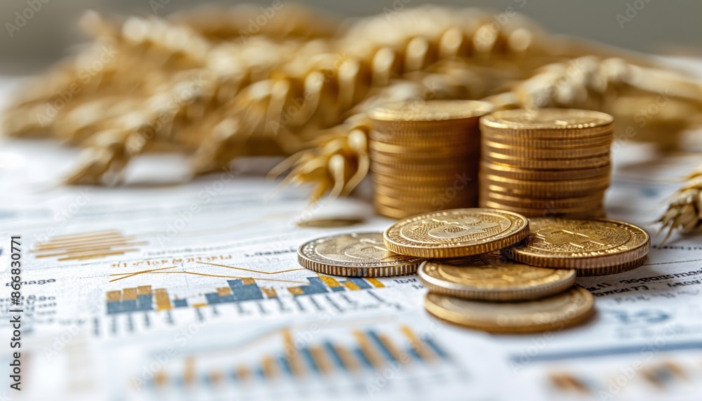 Gold coins are neatly arranged alongside wheat stalks on top of analytic financial papers, representing the synergy between agriculture and monetary value, and highlighting economic importance. Gold coins are neatly arranged alongside wheat stalks on top of analytic financial papers, representing the synergy between agriculture and monetary value, and highlighting economic importance.