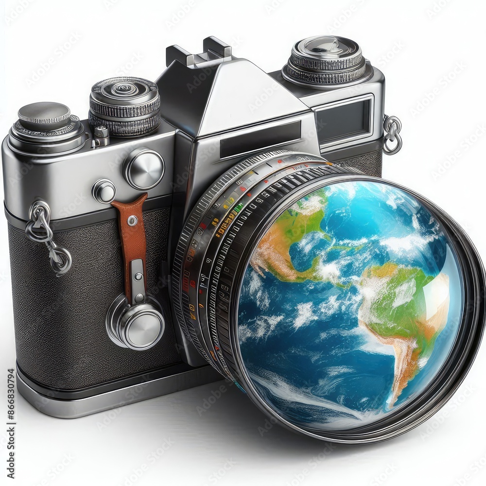 Camera with planet earth world photography day isolated on a white ...