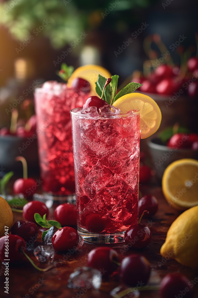 Two glasses of cherry juice with a lemon slice on top Two glasses of cherry juice with a lemon slice on top