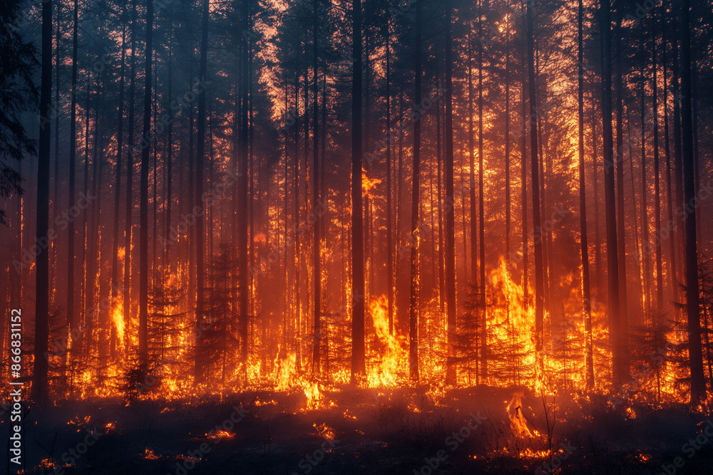 A forest fire is raging through a wooded area A forest fire is raging through a wooded area