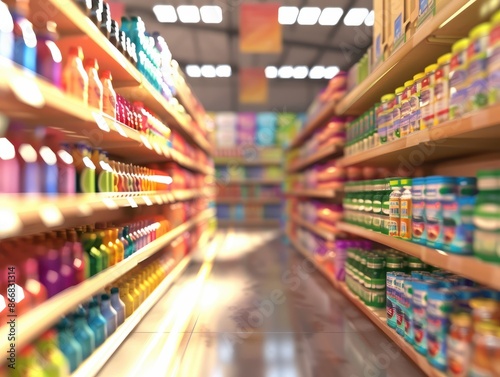 Blurred supermarket aisle with colorful products © Johannes