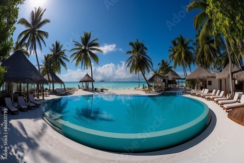 Luxurious tropical resort in maldives relaxing poolside oasis with palm trees and azure sky