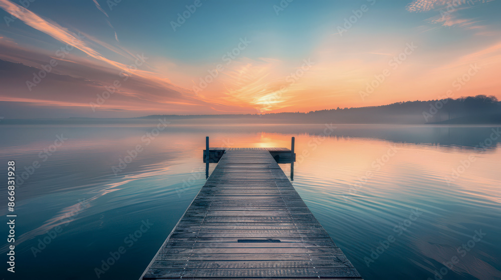 Wooden bridge over the lake during sunset, blue, orange sky Wooden bridge over the lake during sunset, blue, orange sky