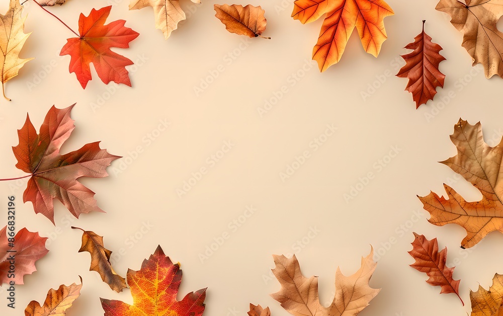 Autumn background with maple leaves on beige background. Happy Thanksgiving day. Frame of fall decorations. Flat lay composition, top view. Mockup for invitation, greeting Autumn background with maple leaves on beige background. Happy Thanksgiving day. Frame of fall decorations. Flat lay composition, top view. Mockup for invitation, greeting