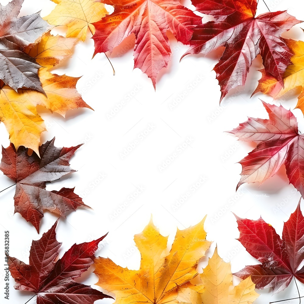 Autumn background with assorted maple leaves on white background. Happy Thanksgiving day. Frame of fall decorations. Flat lay composition, top view. Mockup for invitation, greeting Autumn background with assorted maple leaves on white background. Happy Thanksgiving day. Frame of fall decorations. Flat lay composition, top view. Mockup for invitation, greeting