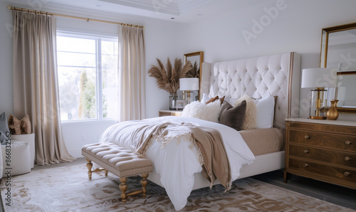 Tuscan (Texas) Style Interior of a Bedroom. Bed with Beautiful Headboard. Luxury Home Furniture and Decor. Room with Pillows, Curtains, Bedding, Decoration and Lamps 