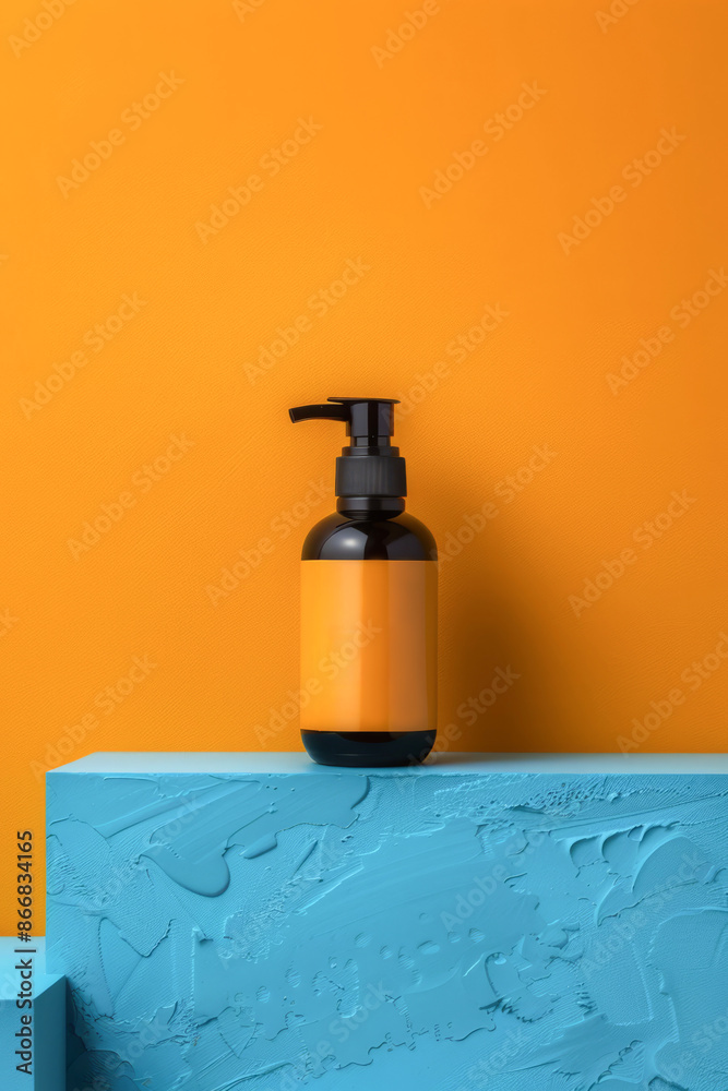 A bottle of facial cosmetics in a bright colorful setting. A bottle of facial cosmetics in a bright colorful setting.