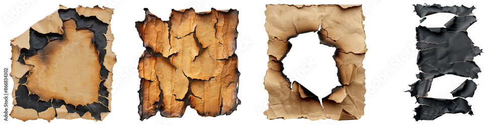 Fototapeta premium Set of four burnt paper textures isolated on white background, Png file.