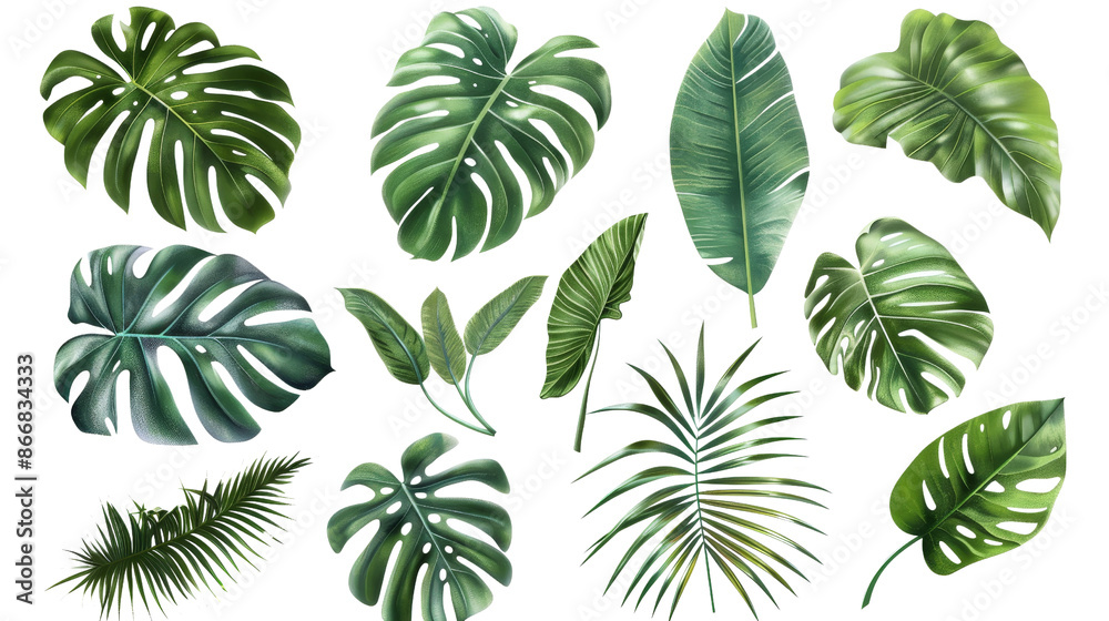 Tropical Green Leaves Collection Isolated on White Background, PNG File Tropical Green Leaves Collection Isolated on White Background, PNG File