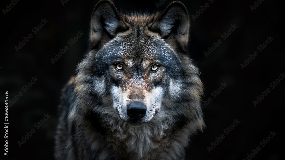 Close-up of a wolf's piercing gaze in the dark. Close-up of a wolf's piercing gaze in the dark.