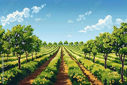 A color-blocked depiction of a serene orchard with rows of fruit trees