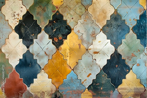 A color-blocked depiction of a patterned ceramic tile wall